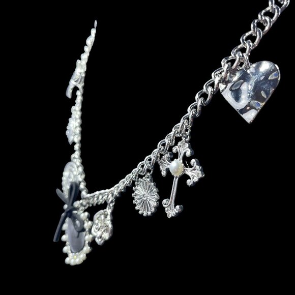 Silver Tone Charm Necklace Heart Cross Bow Rose Coquette Gothic Y2K NWT 20" - Picture 6 of 9